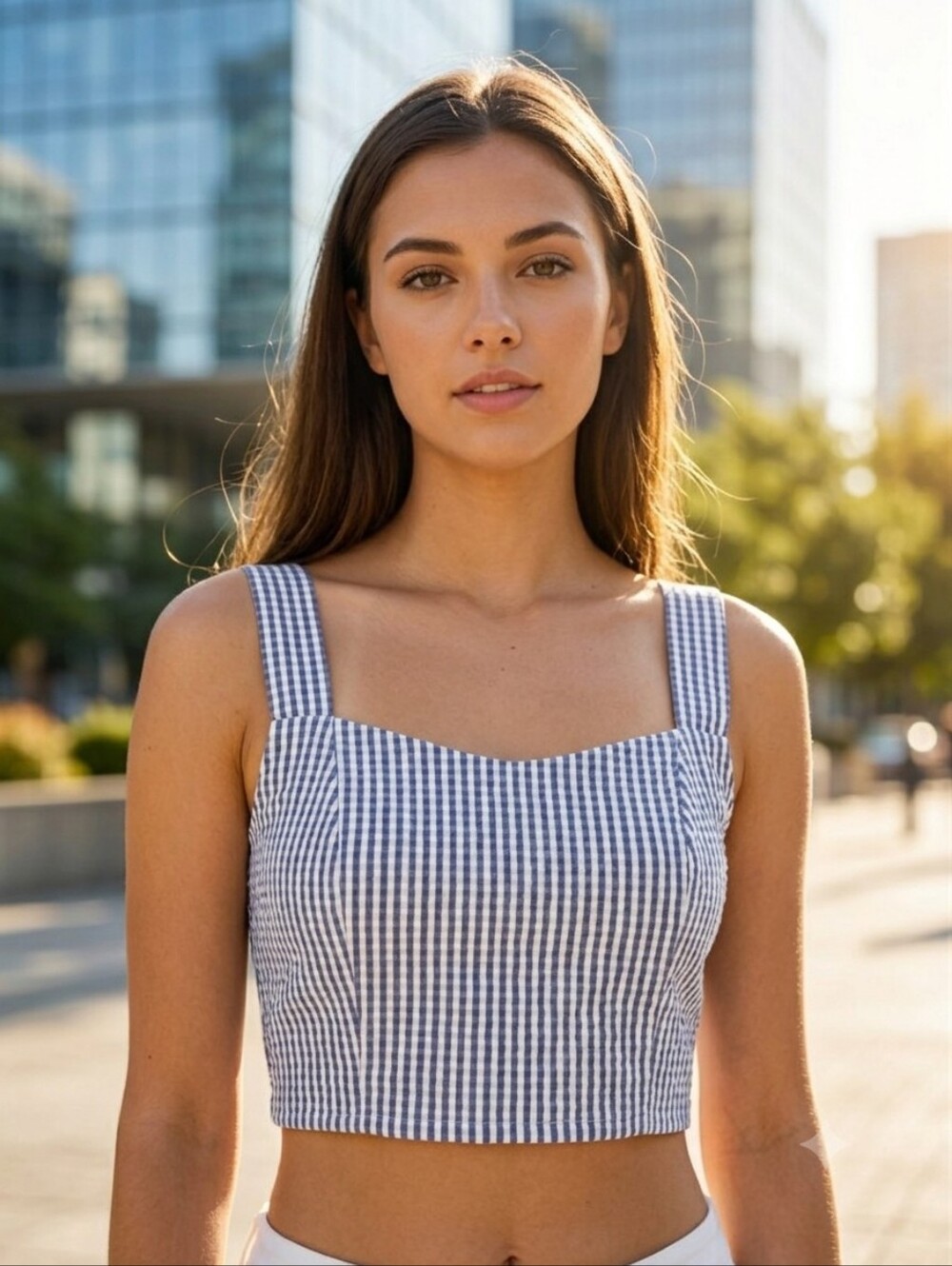 Lefties Gingham Blue and White Crop Tank Top size M